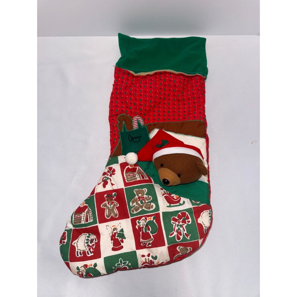 Vintage Quilted Christmas Stocking 3D Plush Teddy Bear Tammy Patchwork Red Green